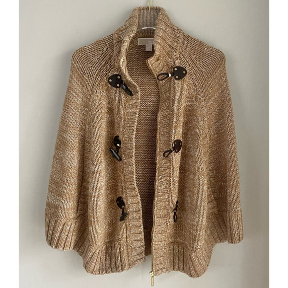 MICHAEL Michael Kors Knitted Cotton Cape Poncho Size XS Toggle Closure Camel Tan - Picture 7 of 8